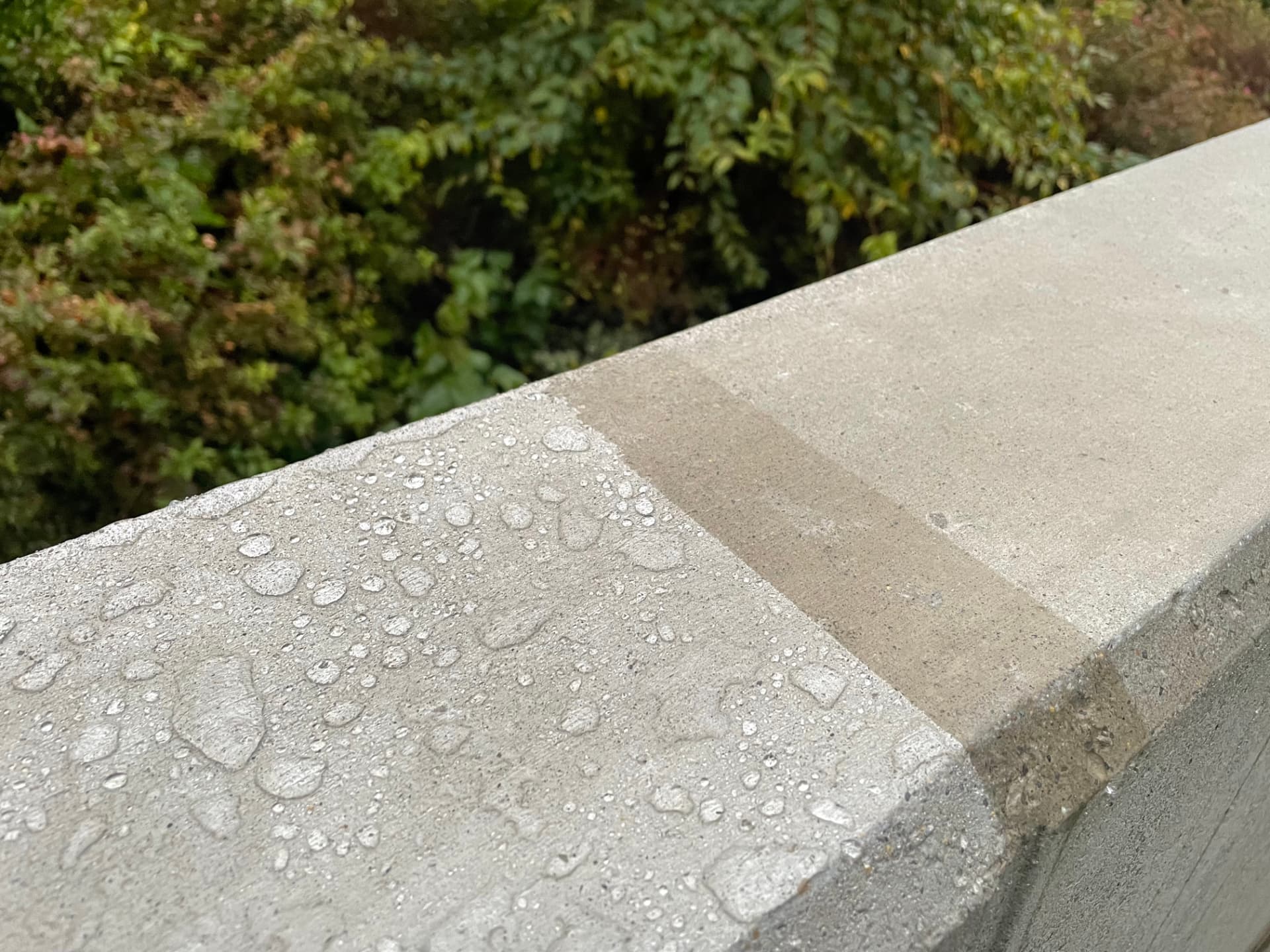 Sharp line between treated (left, beading droplets) and untreated (right, soaked and blotchy).