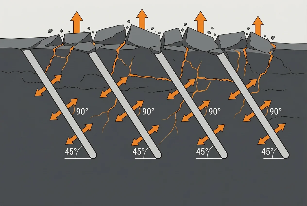 Inclined boreholes in rock: pressure acts perpendicular to the hole and upwards