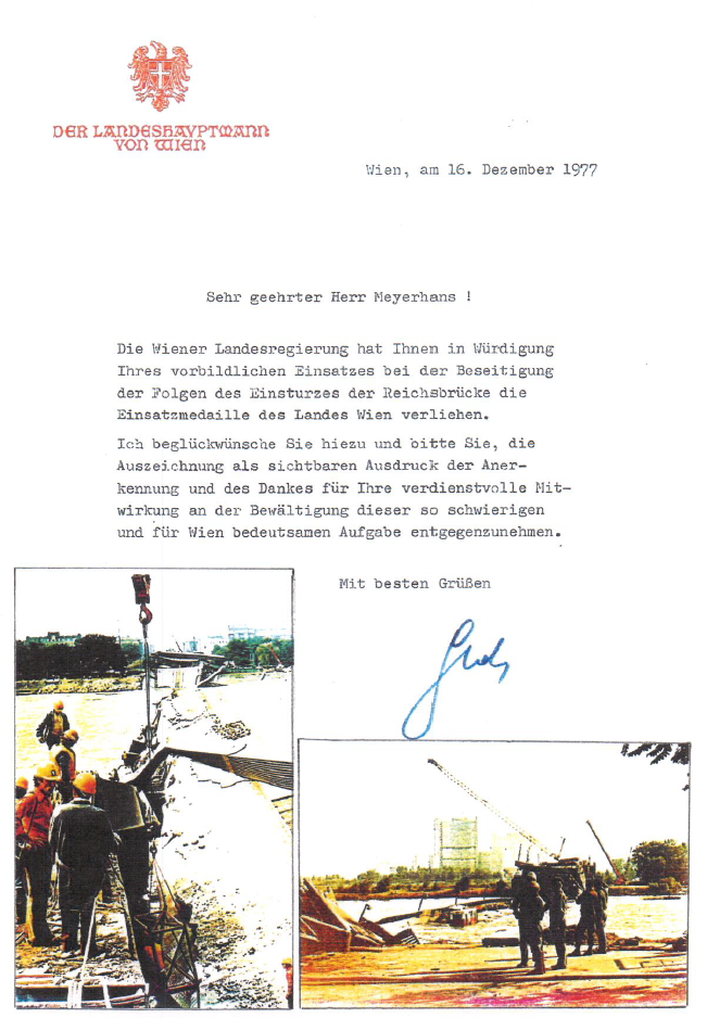 Letter from the mayor awarding the medal of merit
